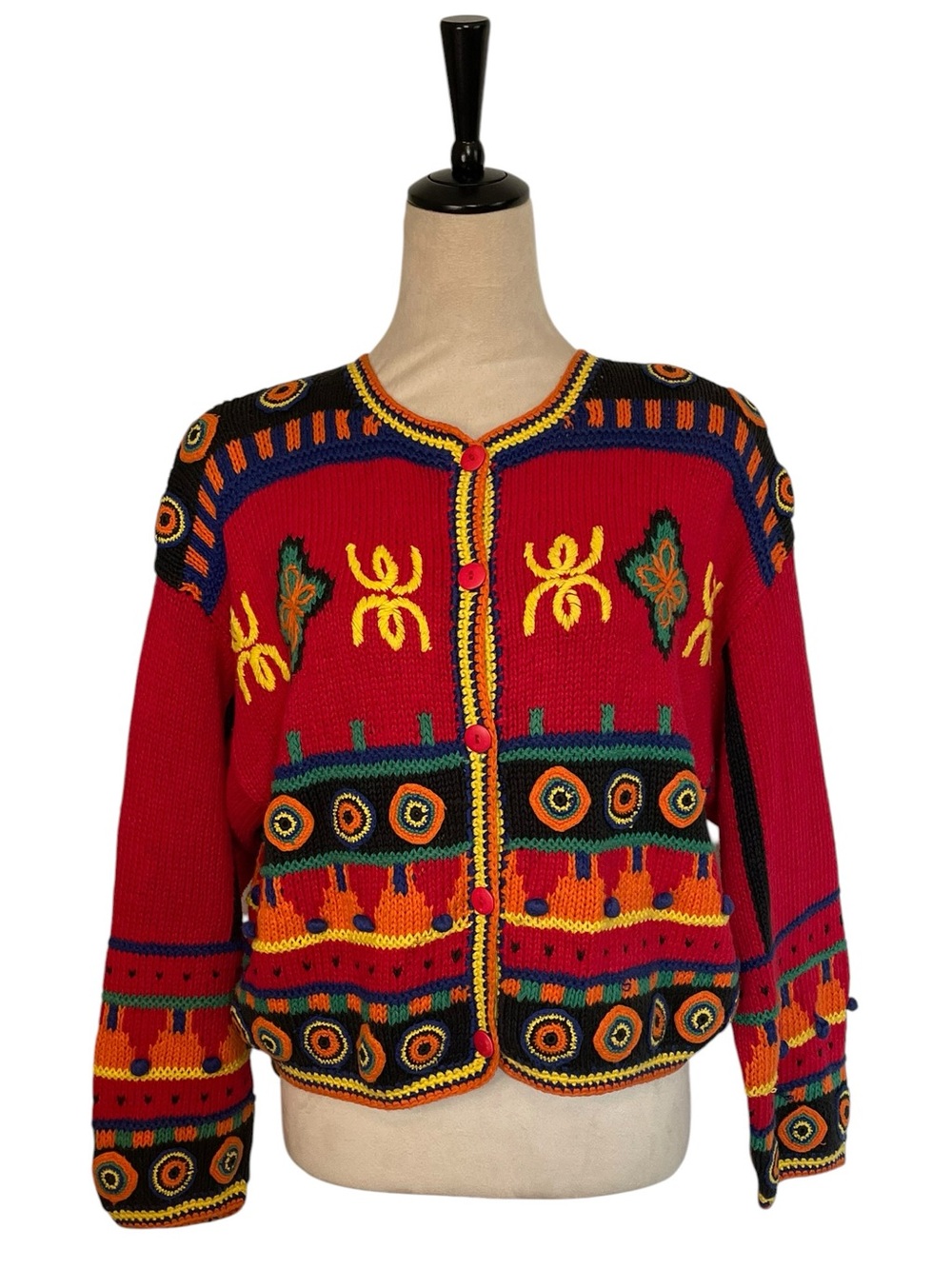 Vintage 80s 90s Abini Chunky Knit Cardigan Sweater Red Geometric Art To Wear M